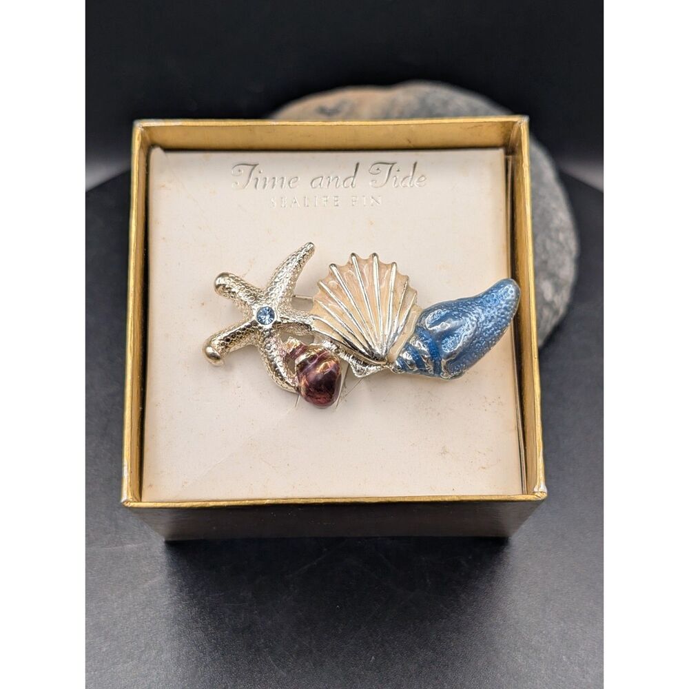 Time and Tide Sealife Pin • Starfish & Shell Brooch • Boxed Nautical Jewelry